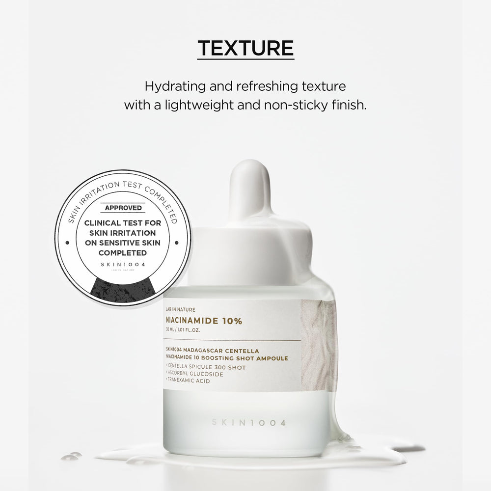SKIN1004 ampoule staged in bathroom routine illustrating layering under moisturizer benefit: easy integration