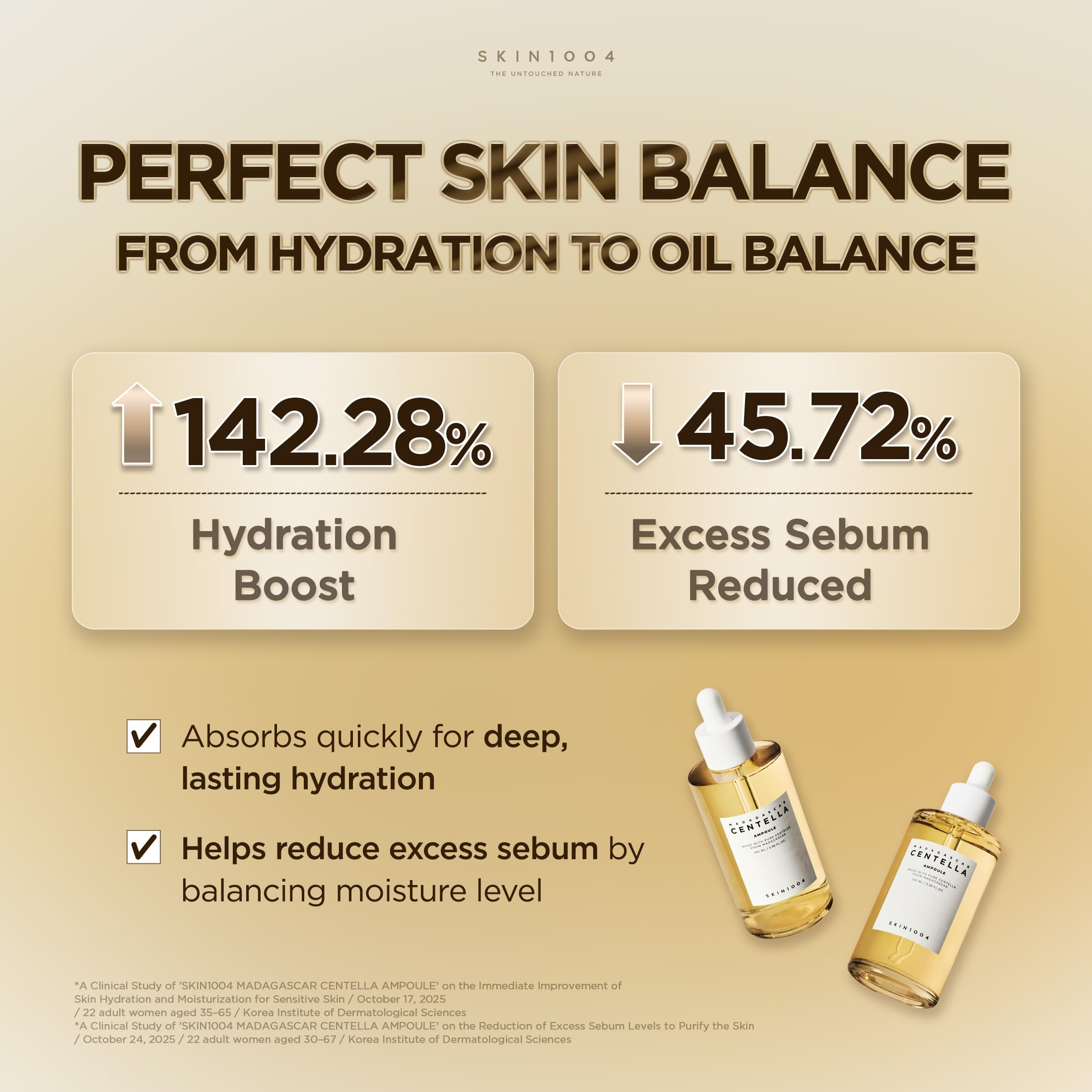Hands applying SKIN1004 ampoule to face highlighting quick absorption benefit