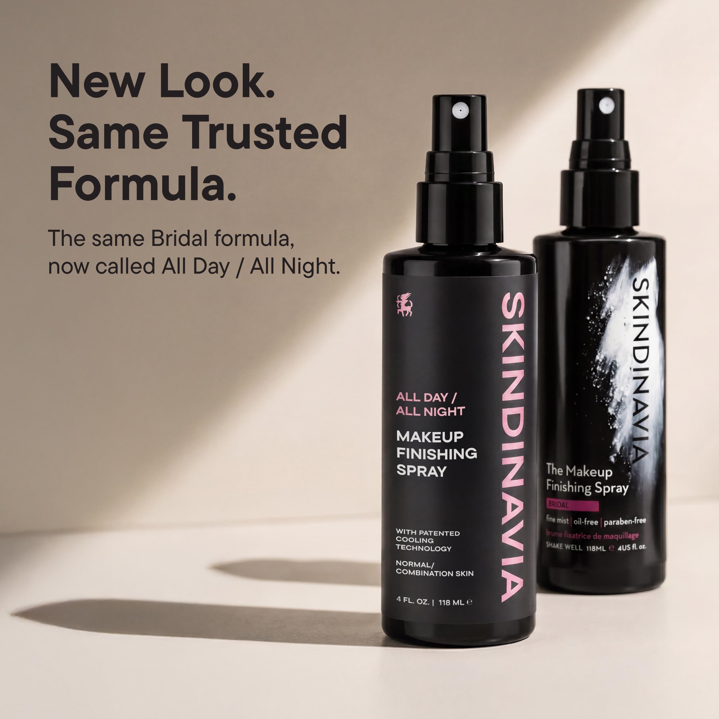 SKINDINAVIA bottle staged beside makeup kit showing compatibility with beauty routines benefit