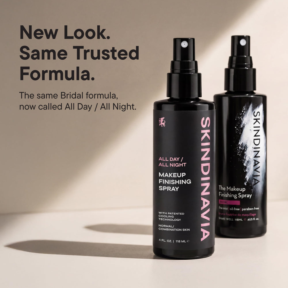 SKINDINAVIA bottle staged beside makeup kit showing compatibility with beauty routines benefit