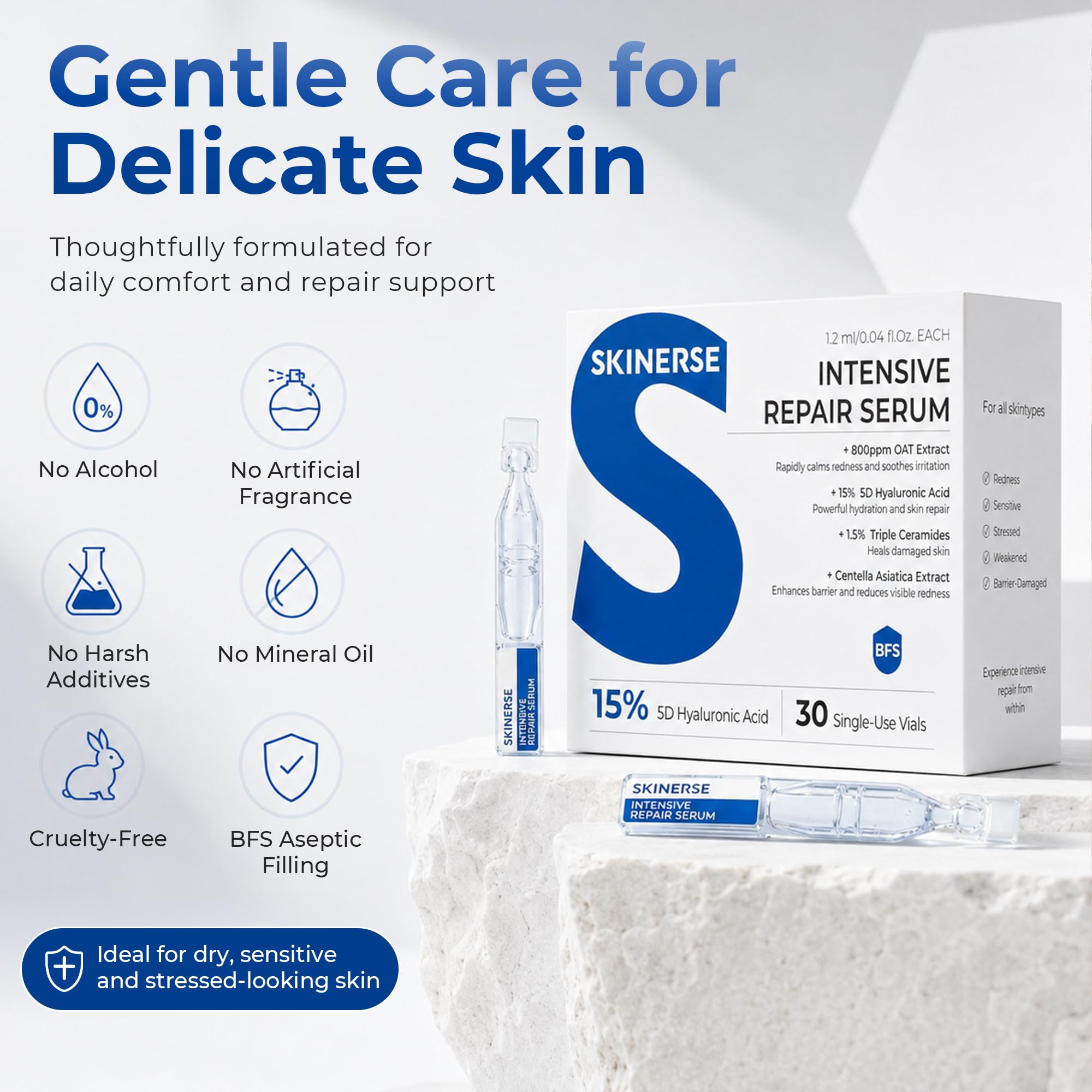 SKINERSE vial beside fingers for size comparison, highlighting portable single-dose benefit