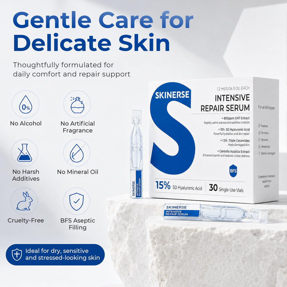 SKINERSE vial beside fingers for size comparison, highlighting portable single-dose benefit