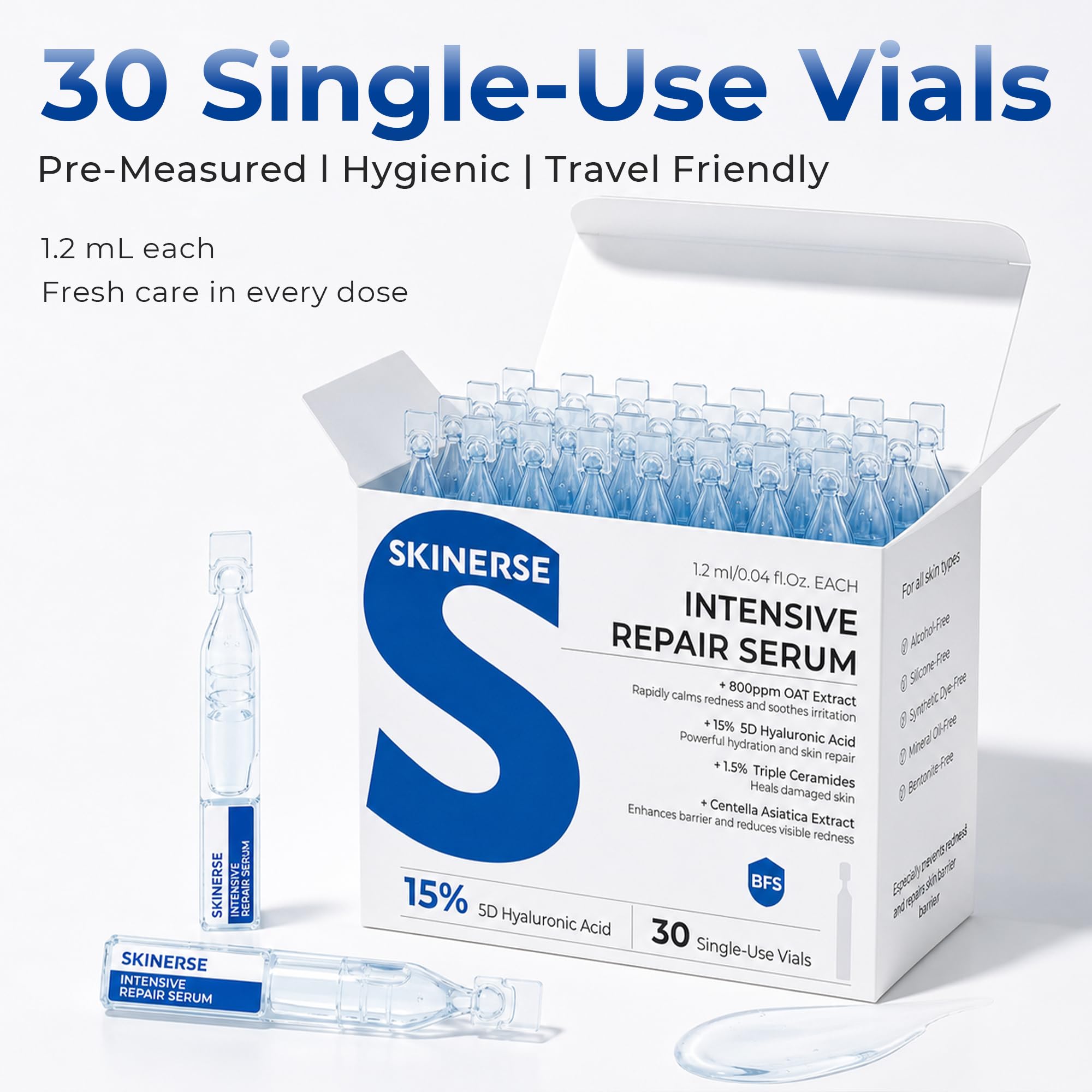 SKINERSE box of 30 vials arranged for travel-ready daily dosing convenience