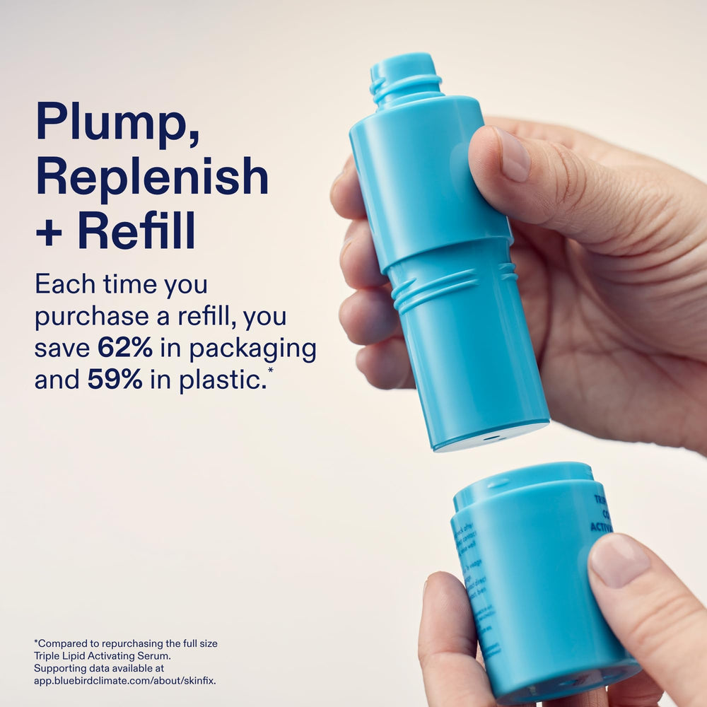Skinfix refill next to recycling symbol highlighting eco-friendly benefit
