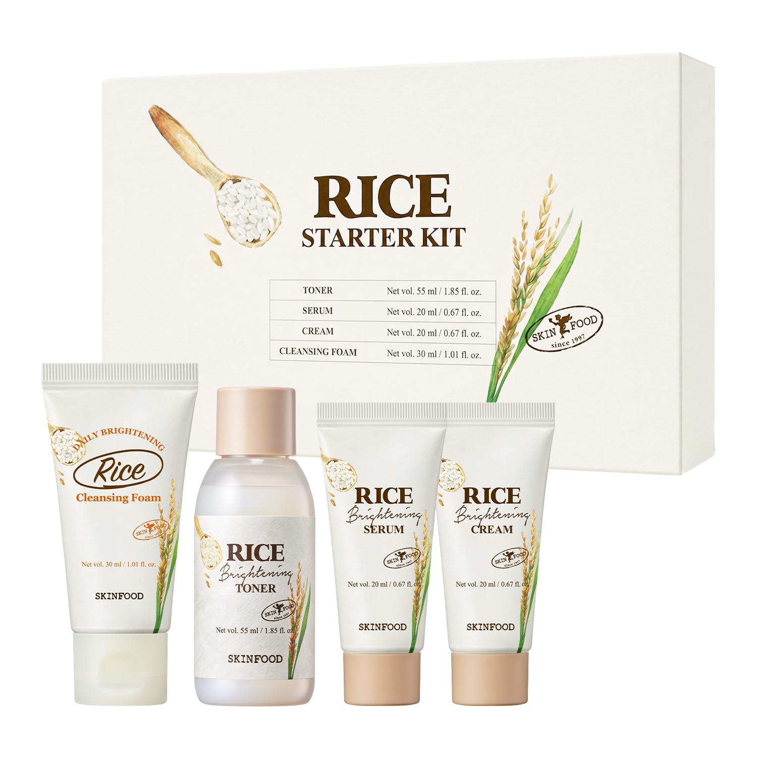 SKINFOOD 1957 starter kit packshot showing full rice skincare set and travel sizes for convenience