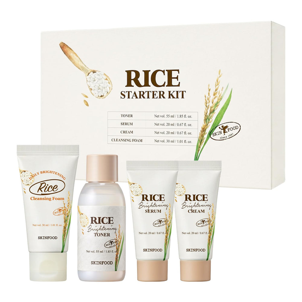 SKINFOOD 1957 starter kit packshot showing full rice skincare set and travel sizes for convenience