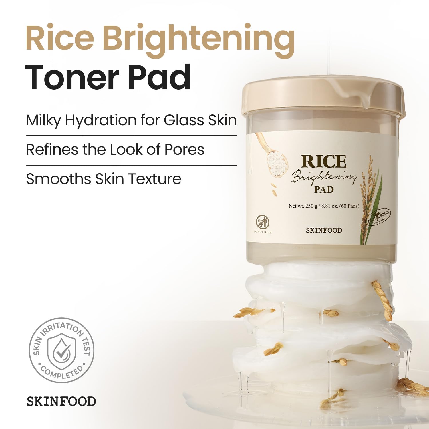 SKINFOOD rice pad open jar revealing soaked pads and easy access benefit