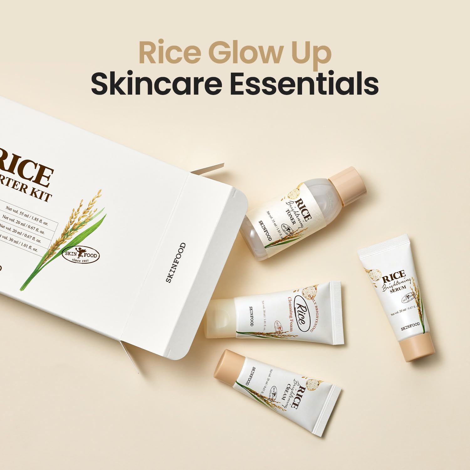 SKINFOOD woman applying rice serum to face showing easy absorption and plumping effect