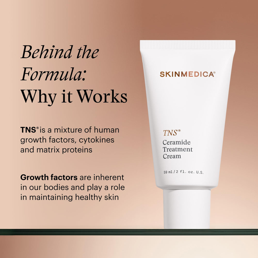 SkinMedica cream arranged with serum to suggest layered skincare benefit