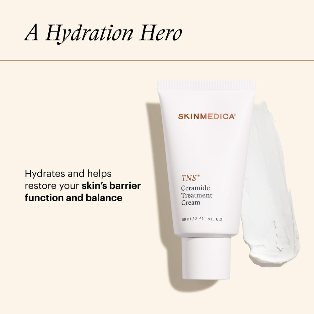 SkinMedica label close-up showing TNS and ceramide technology benefits