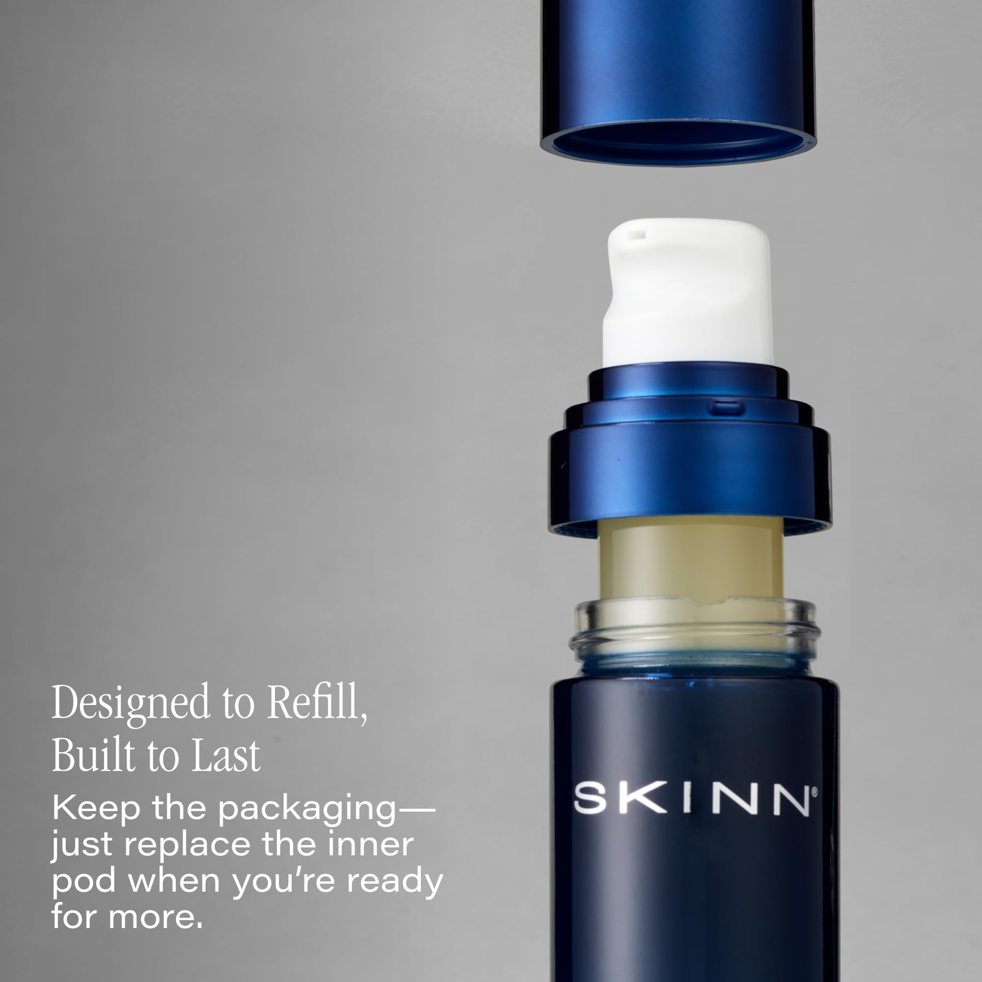 SKINN serum next to ruler for scale showing compact travel-friendly size