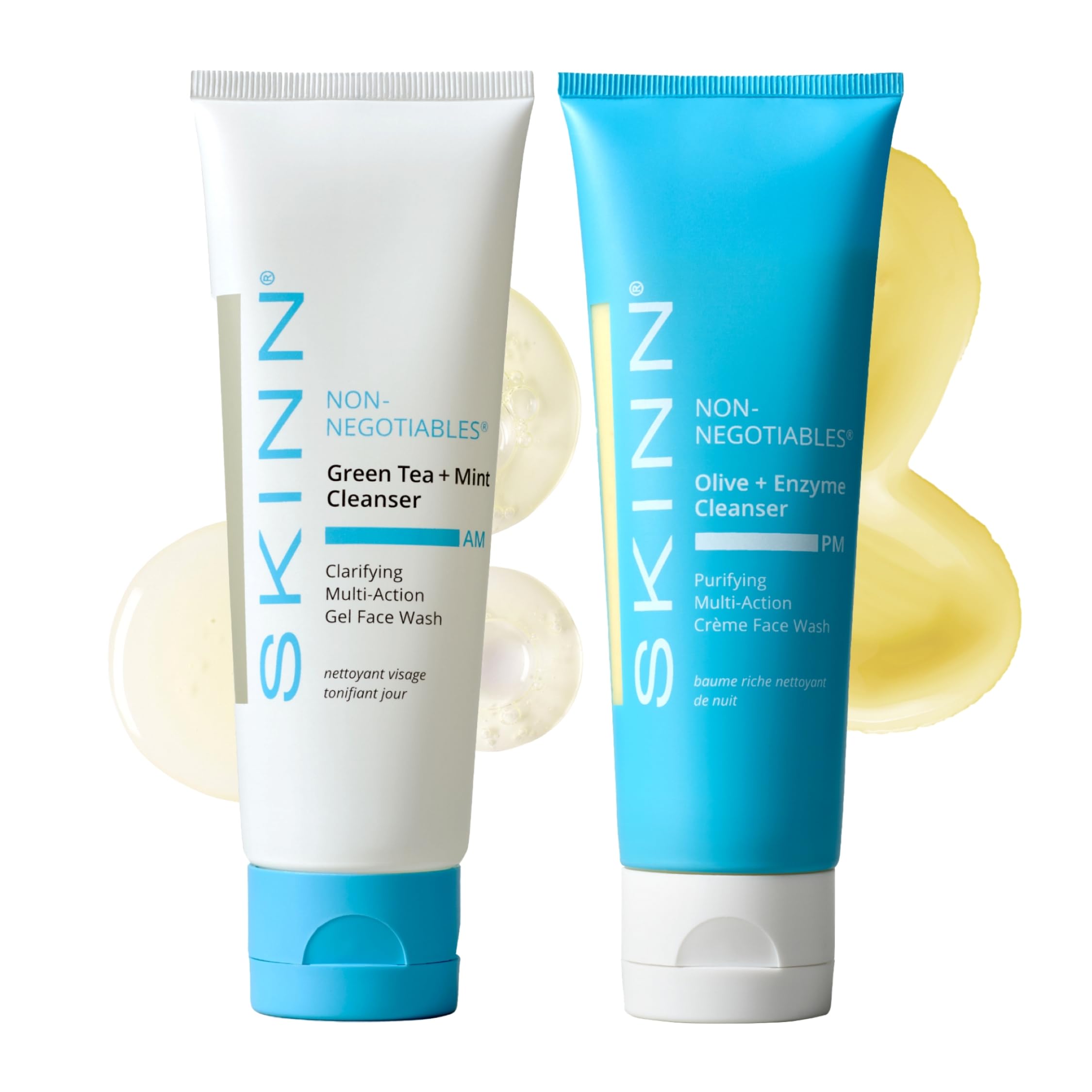 SKINN front packaging of the day and night face wash set showing both products benefits