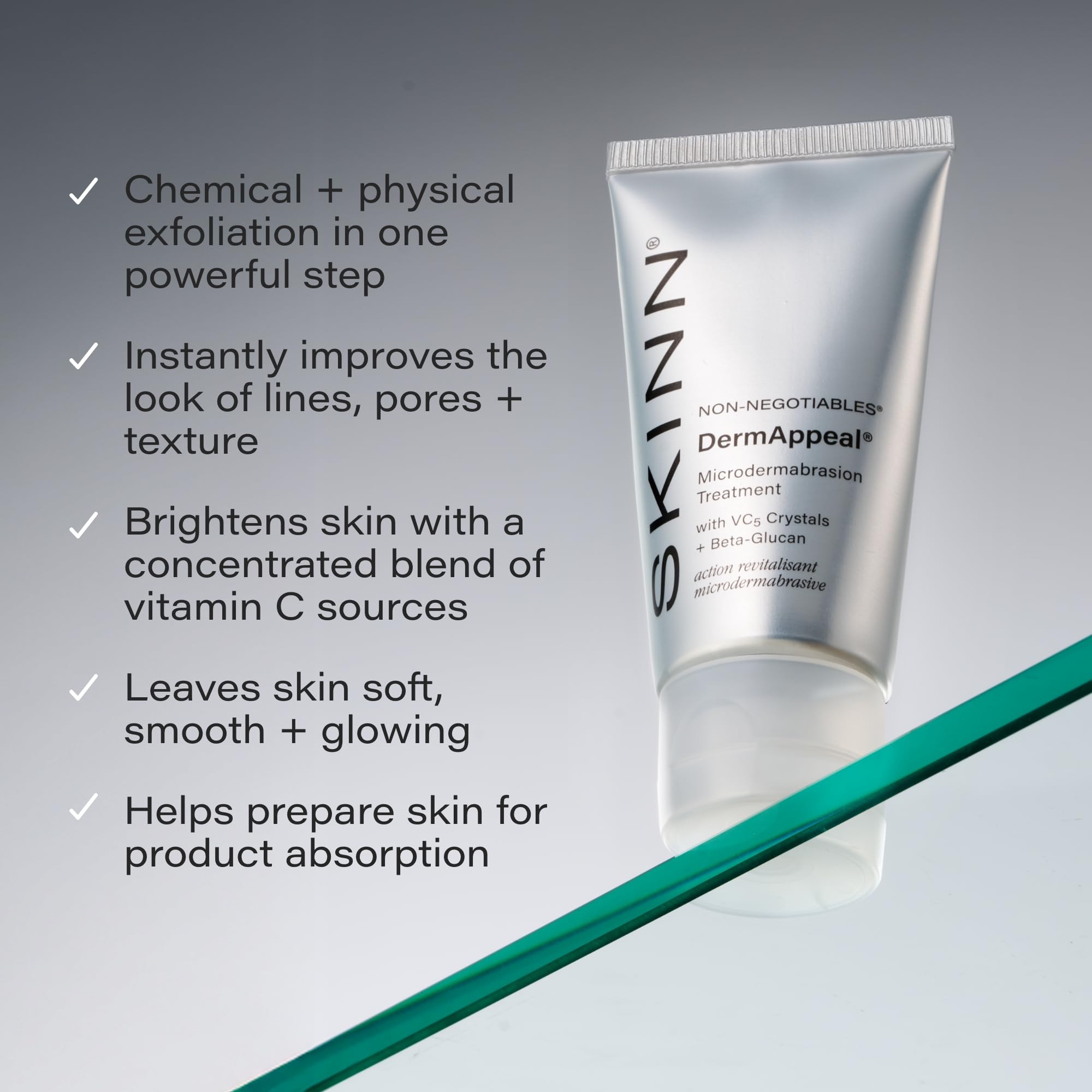 SKINN DermAppeal VC5 exfoliating crystals close-up highlighting brightening action