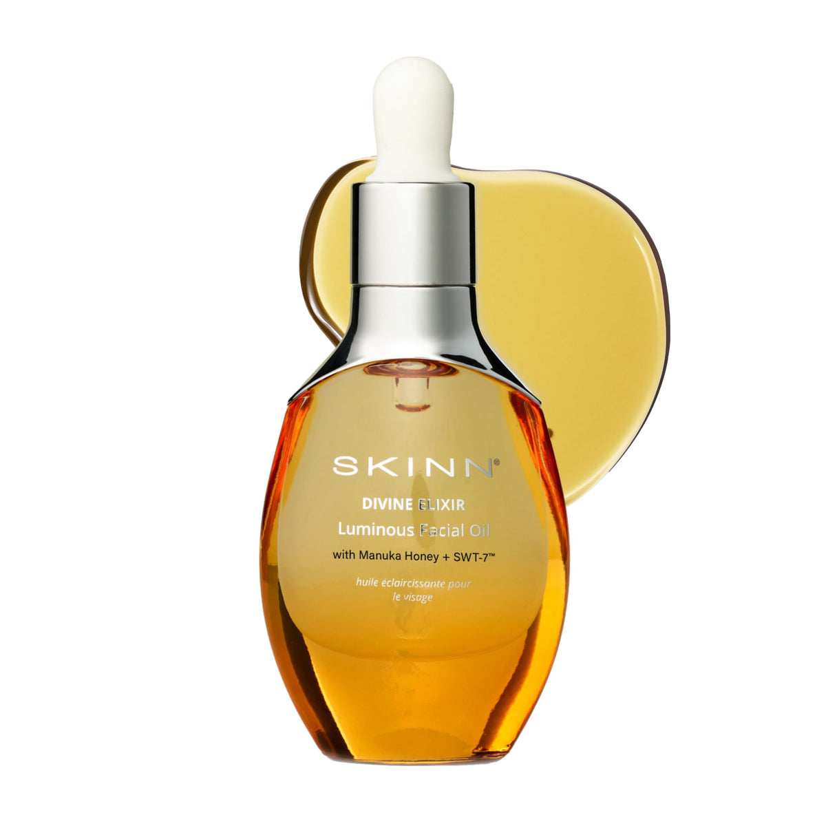 SKINN face oil front packaging showing elegant bottle and glow benefits