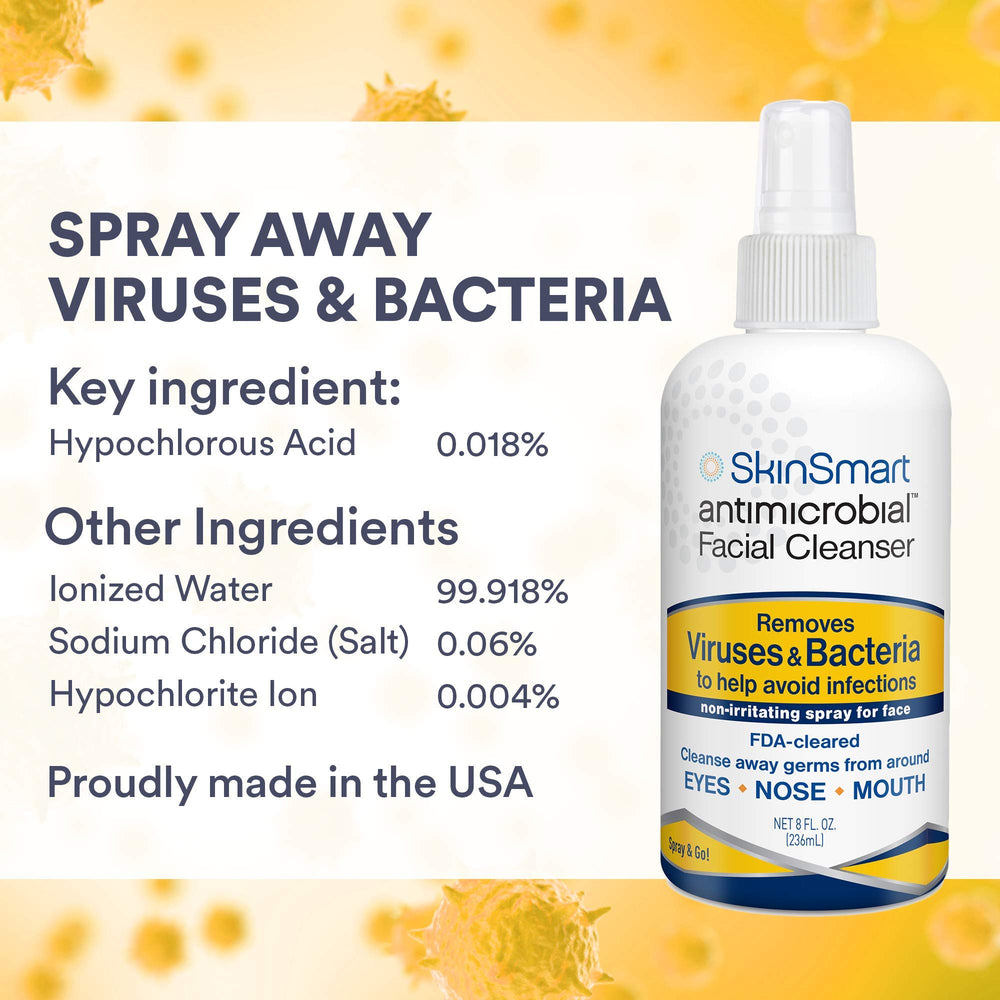 SkinSmart Antimicrobial misting over face demonstrating quick refresh benefit