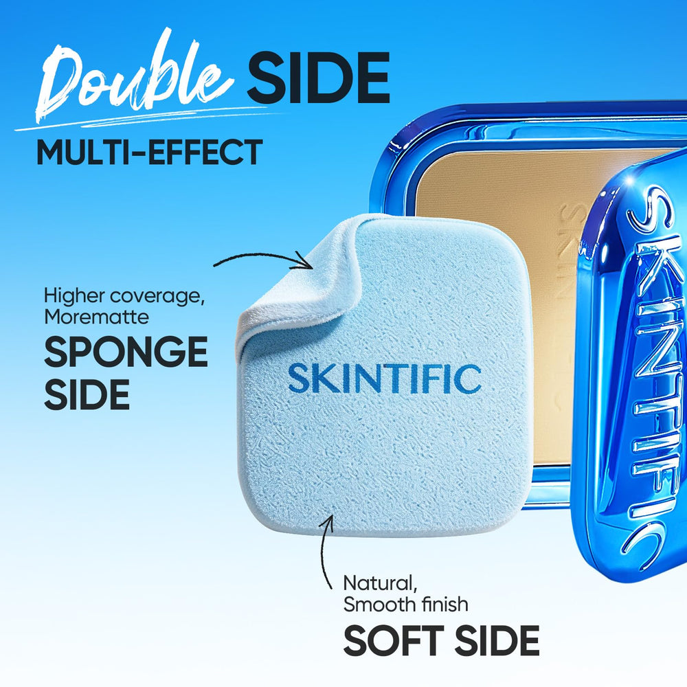 SKINTIFIC application with puff showing even coverage and oil control benefit