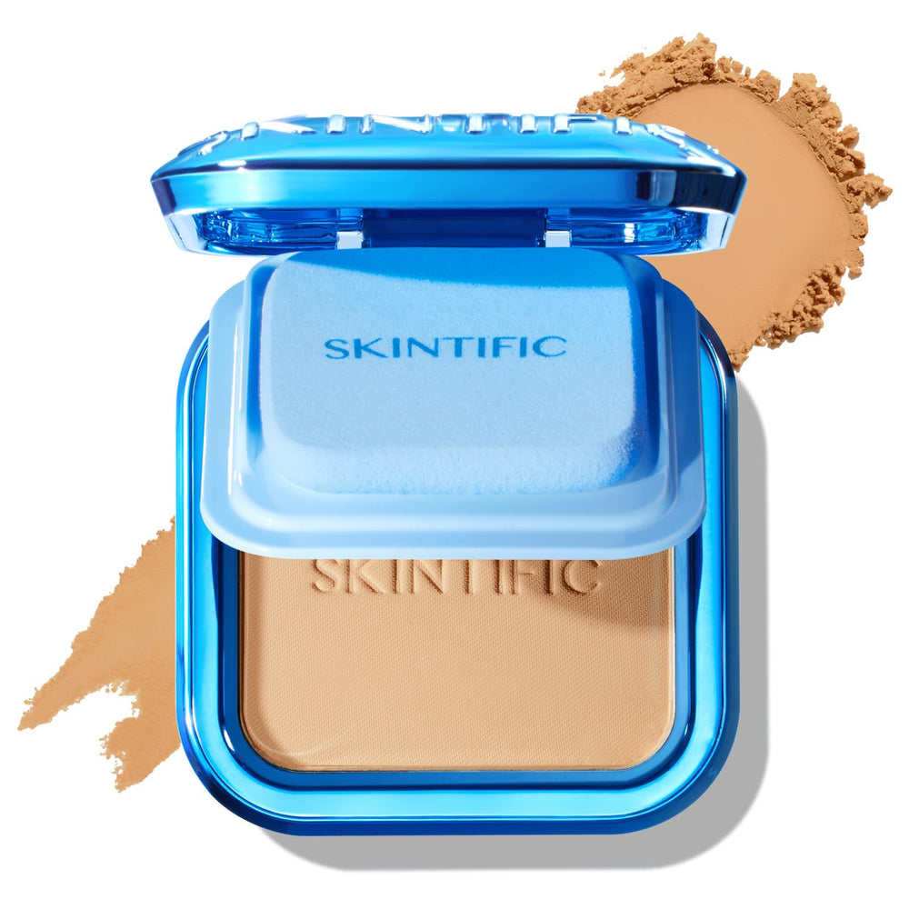 SKINTIFIC compact front view showing shade 5WN Sand and matte finish benefits