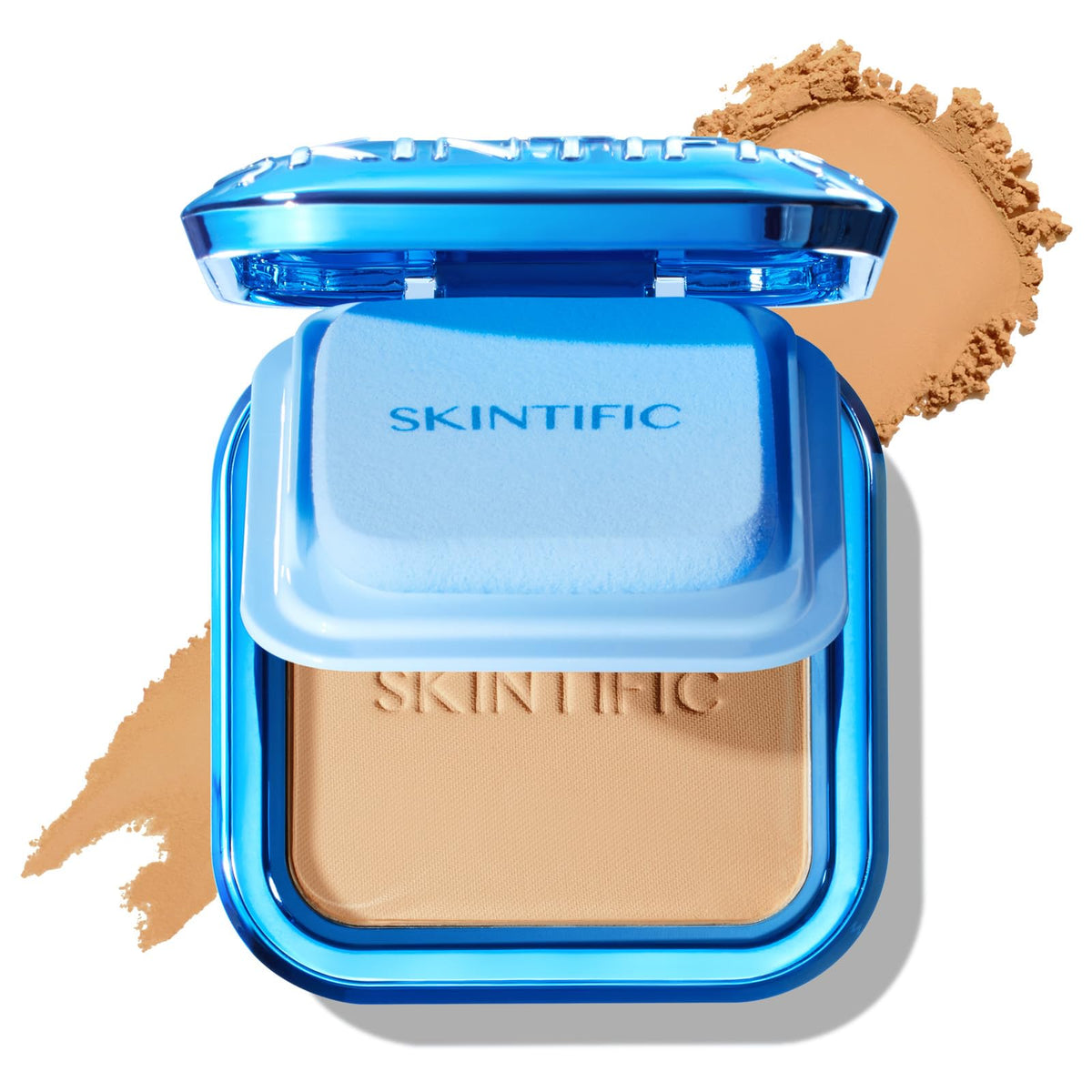 SKINTIFIC compact front view showing shade 5WN Sand and matte finish benefits