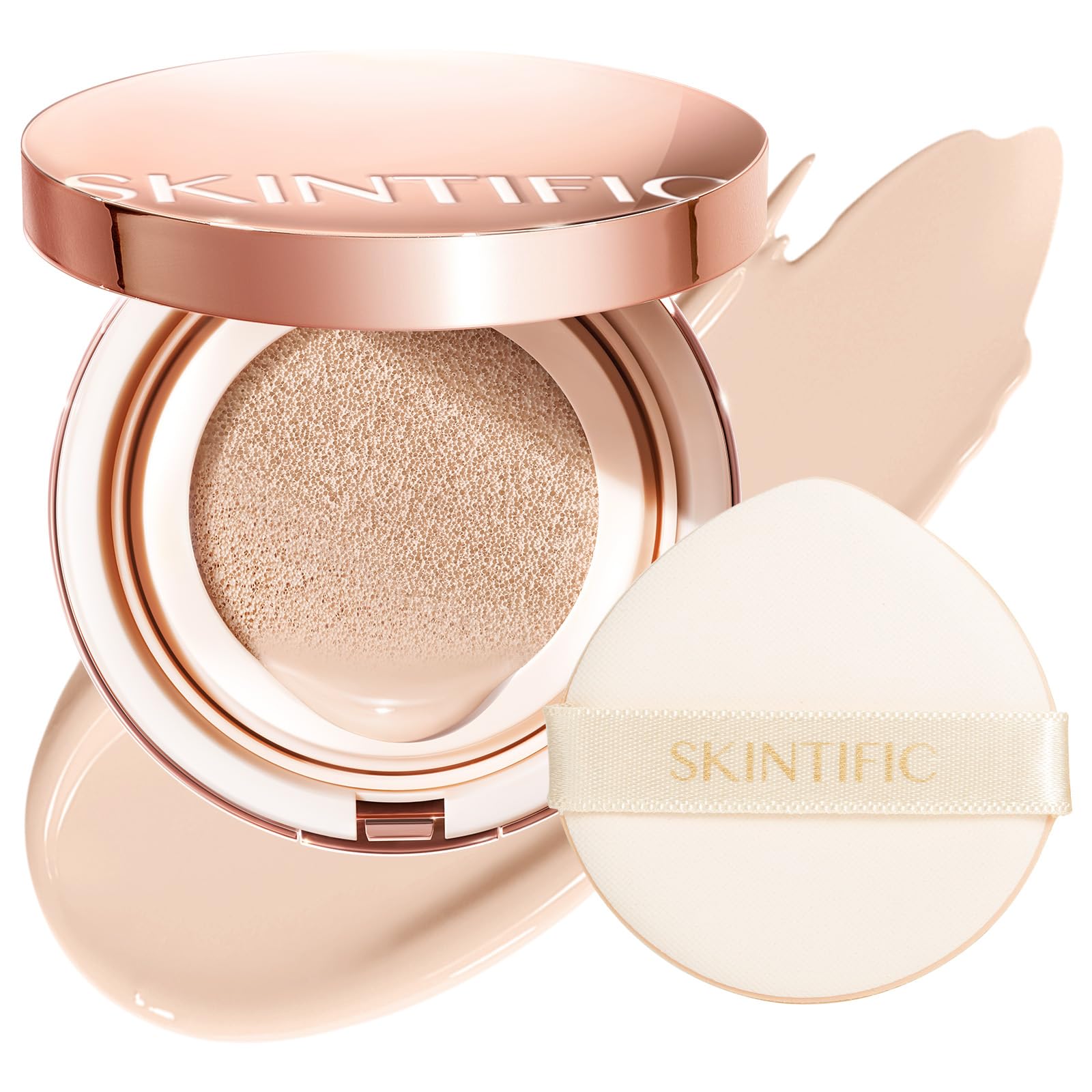 SKINTIFIC cushion foundation front packaging showing sleek compact and shade label benefit longwear