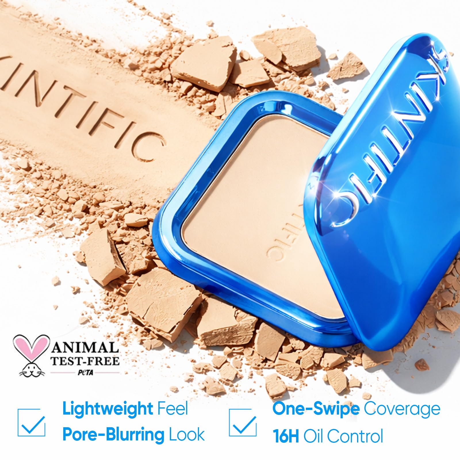 SKINTIFIC powder texture close-up highlights ultra-fine milled finish for smooth coverage