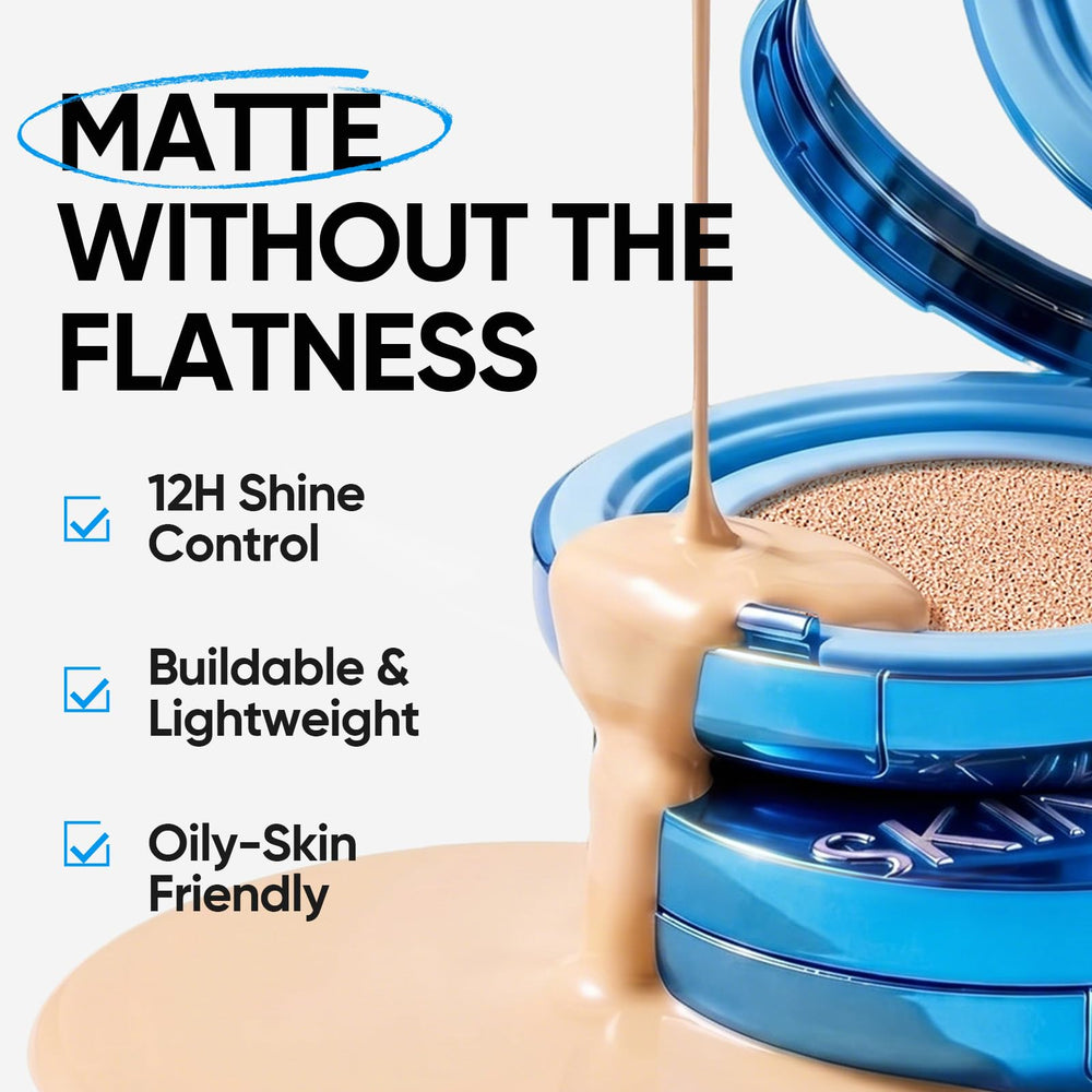 SKINTIFIC model applying cushion to cheek for natural matte coverage benefit