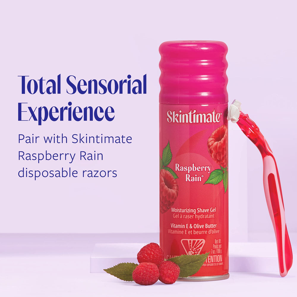 Skintimate Raspberry Rain ingredients close-up with olive butter and vitamin E benefits