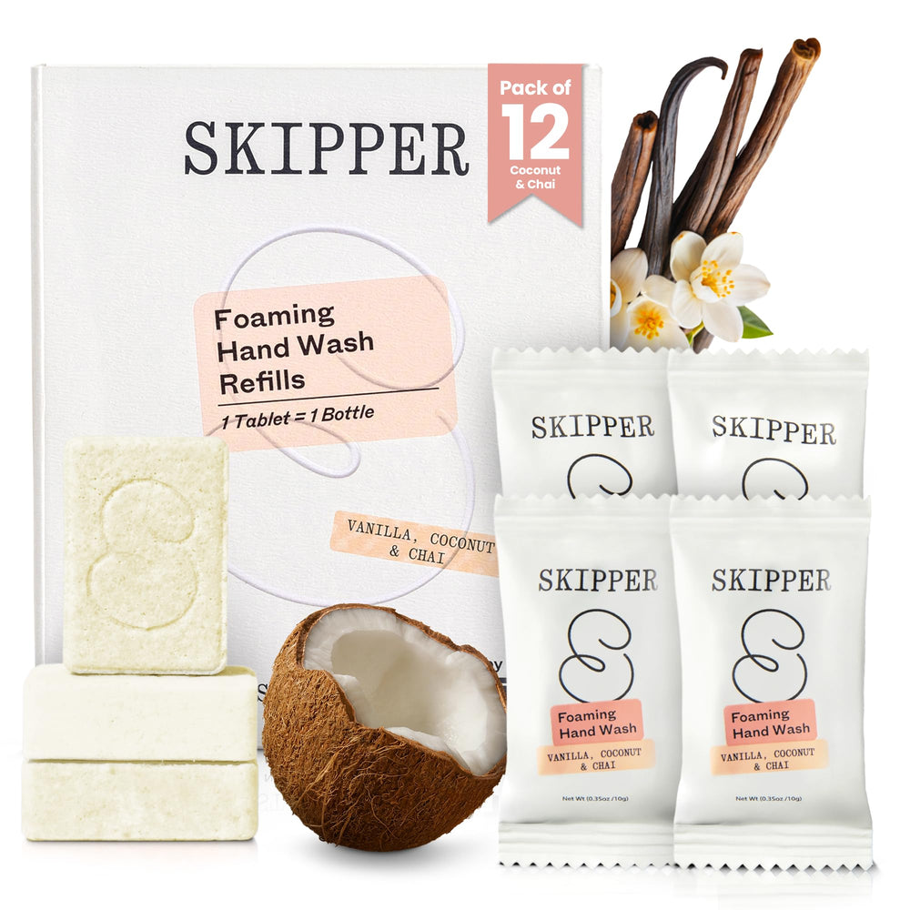 Skipper front packaging showing 12-pack and fragrances, eco benefit