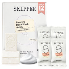 Skipper front packaging showing 12 tablet pack, eco-friendly refill benefit