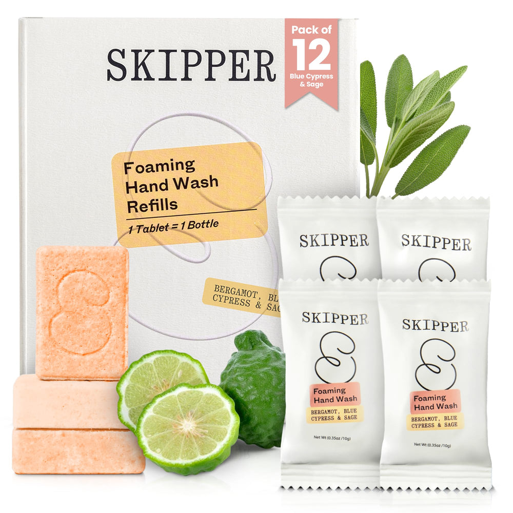 Skipper front packaging showing bergamot blue cypress sage scent and compostable pouch benefit