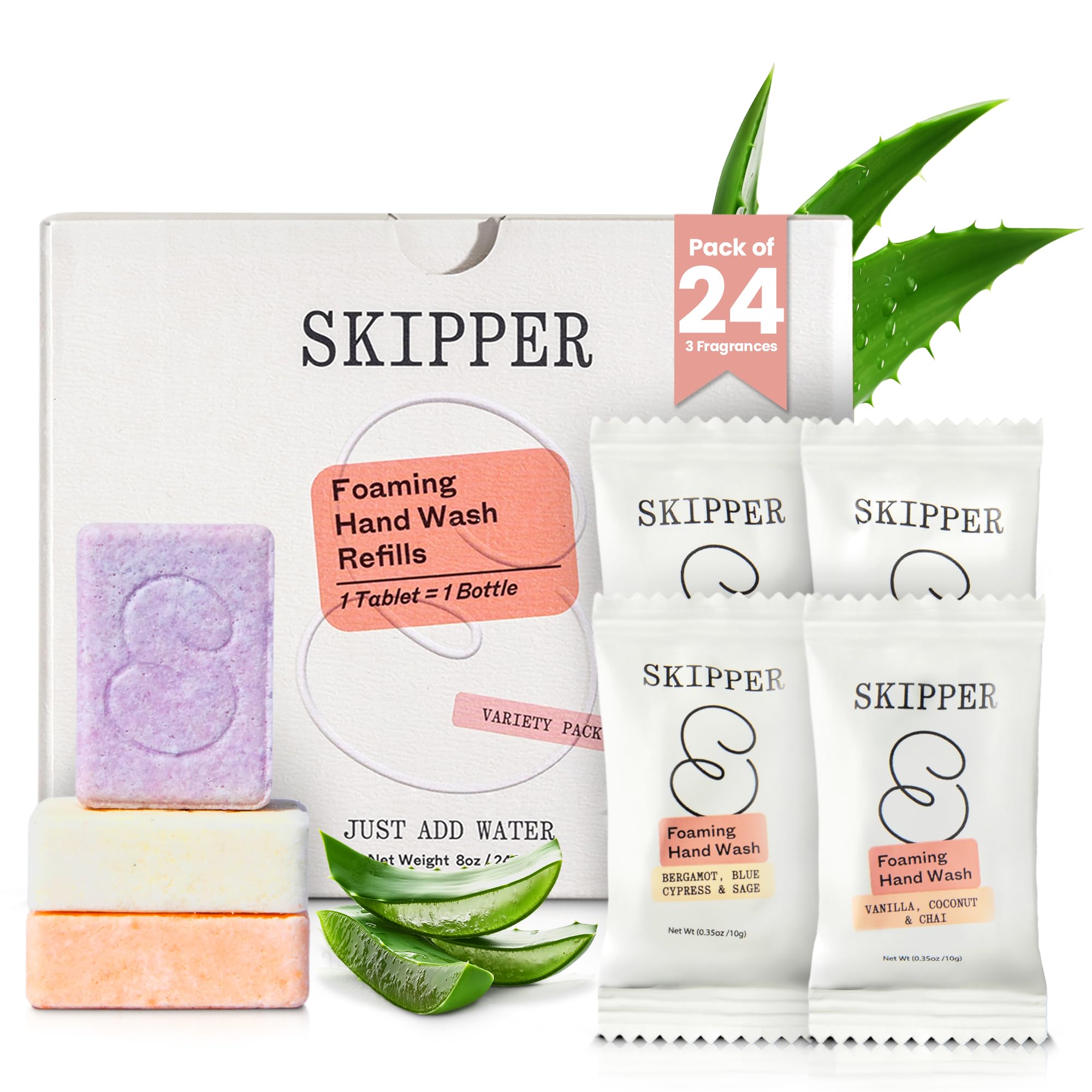Skipper front packaging showing 24-pack and compostable pouch benefits