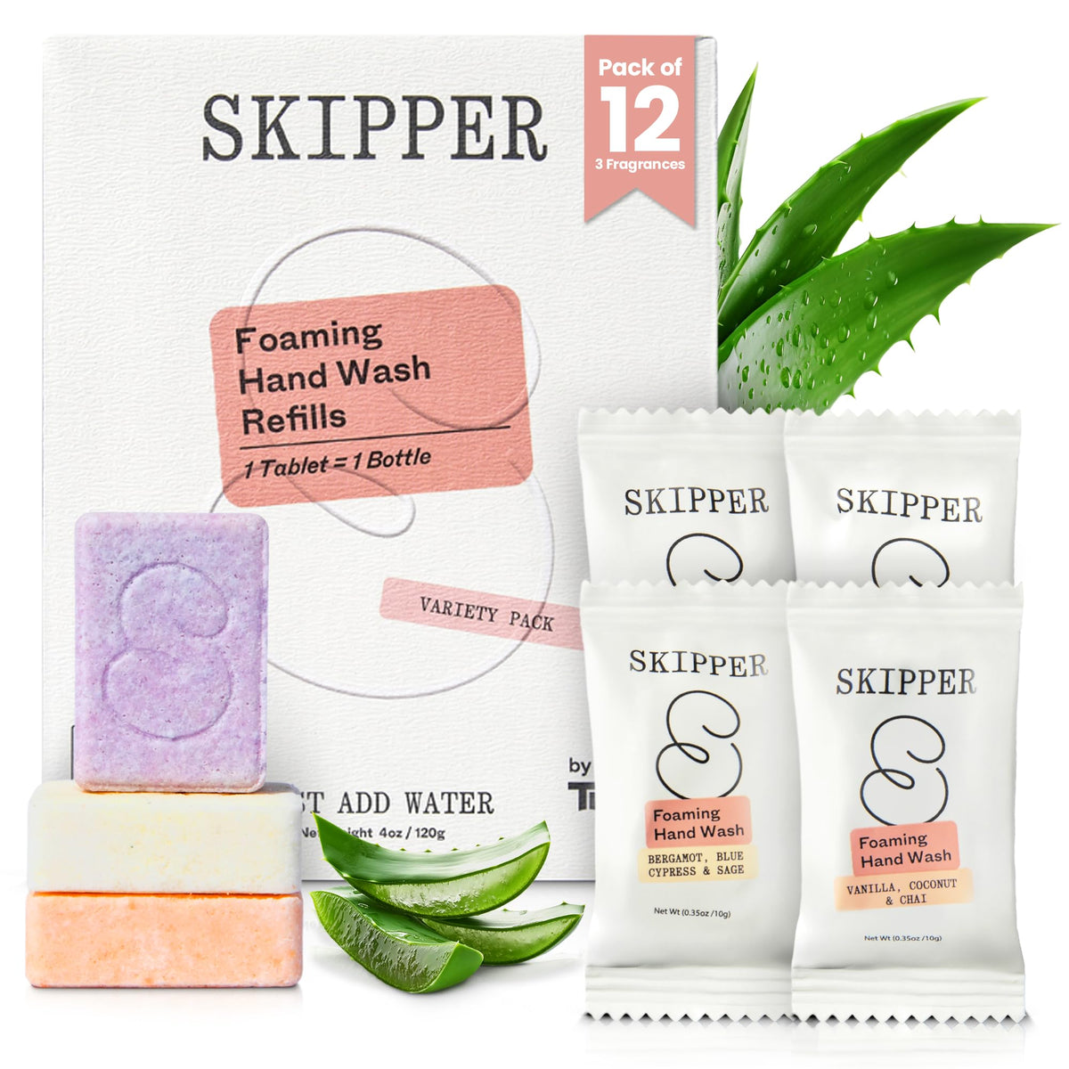 Skipper front refill box showing variety pack and plastic-free benefit