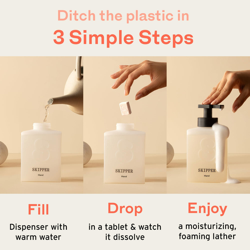 Skipper tablet close-up showing compact form and easy-dissolve benefit