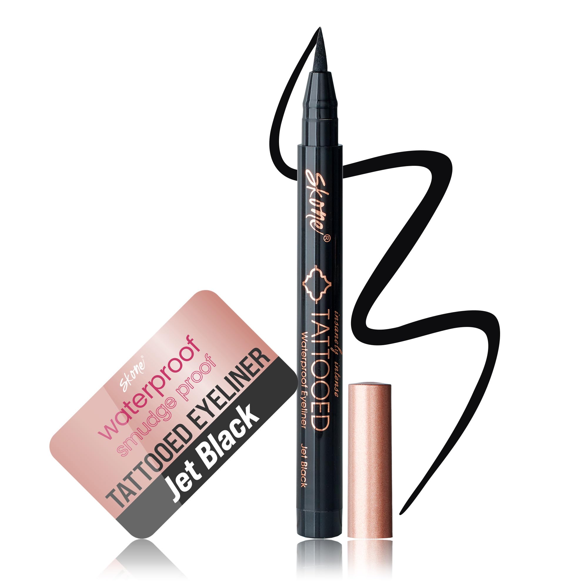 Skone jet black front packaging showing sleek pen and branding benefit precise application