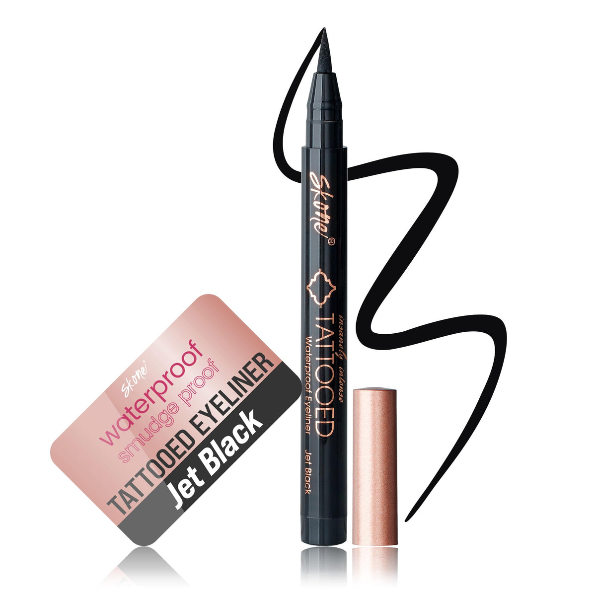Skone jet black front packaging showing sleek pen and branding benefit precise application