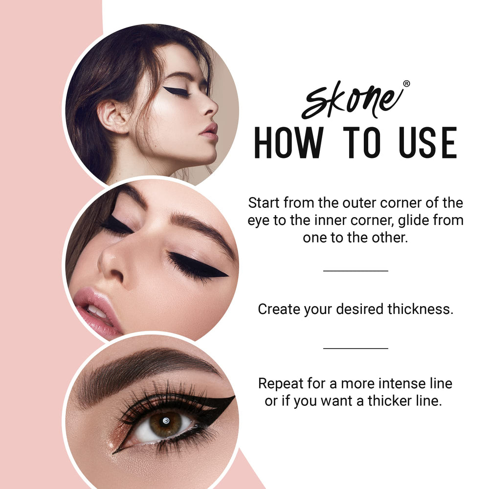 Skone wing eyeliner demo model wearing sharp cat-eye to show precise wing results