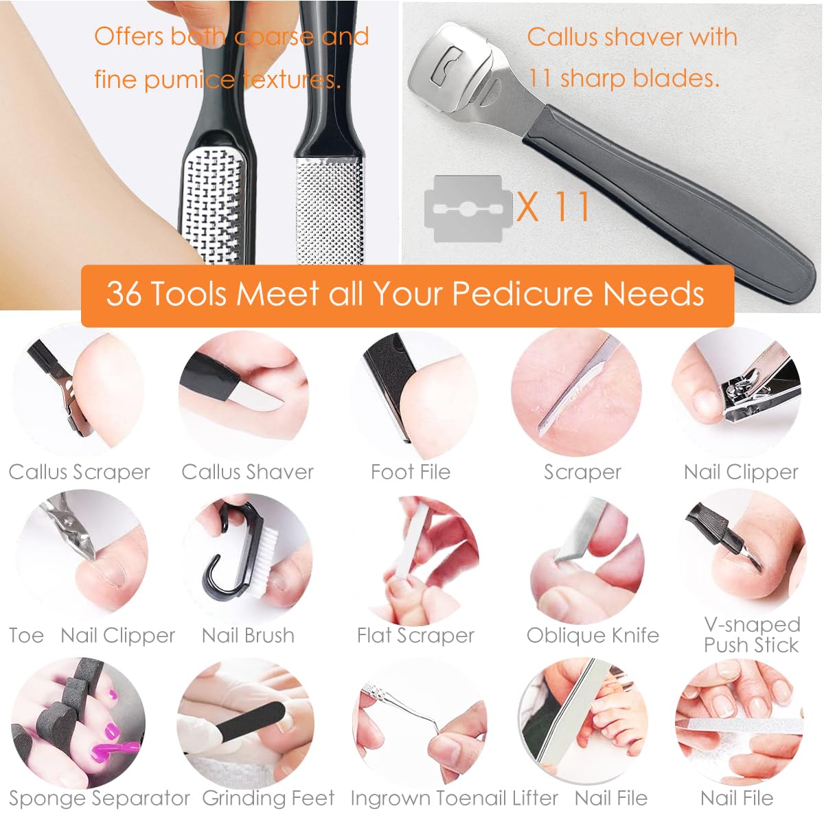 SKPLUS complete 36-piece pedicure kit laid out for comprehensive foot care
