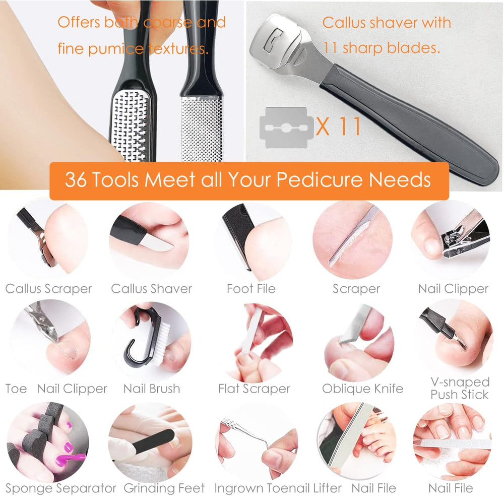 SKPLUS complete 36-piece pedicure kit laid out for comprehensive foot care