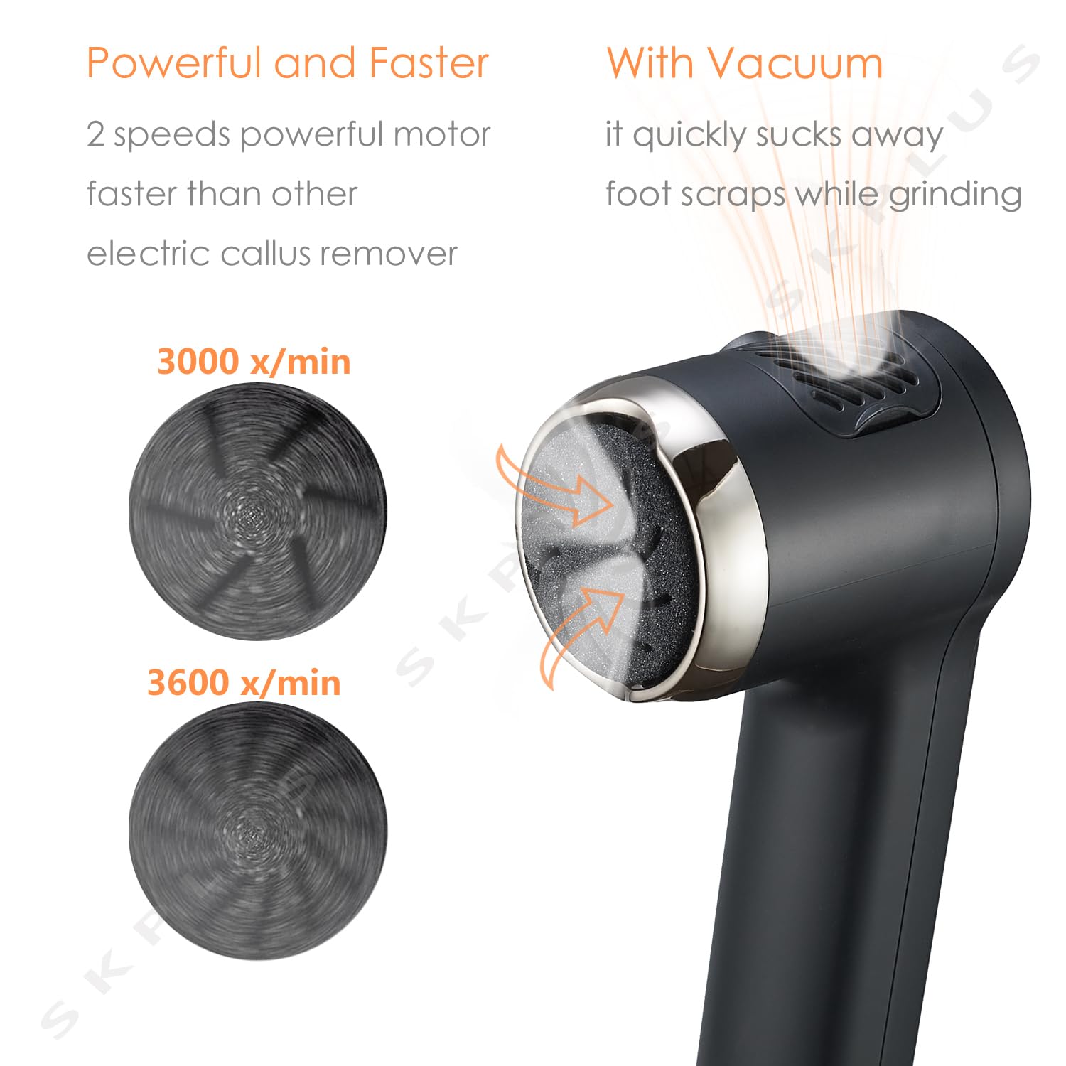 SKPLUS vacuum dust chamber open to reveal captured foot filings for tidy use
