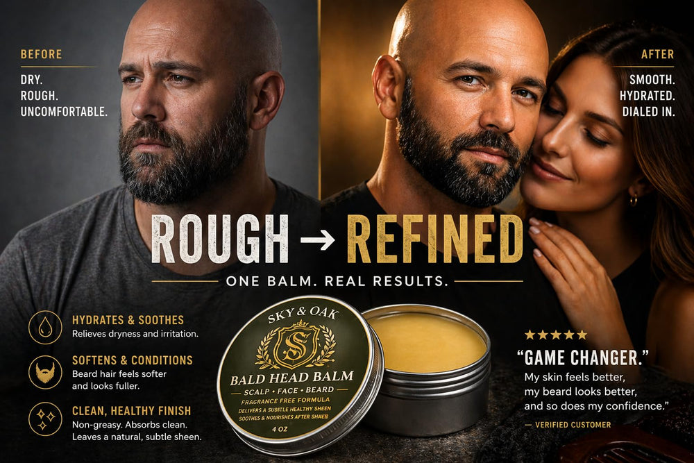 Sky and Oak used on beard to condition hair and soften stubble