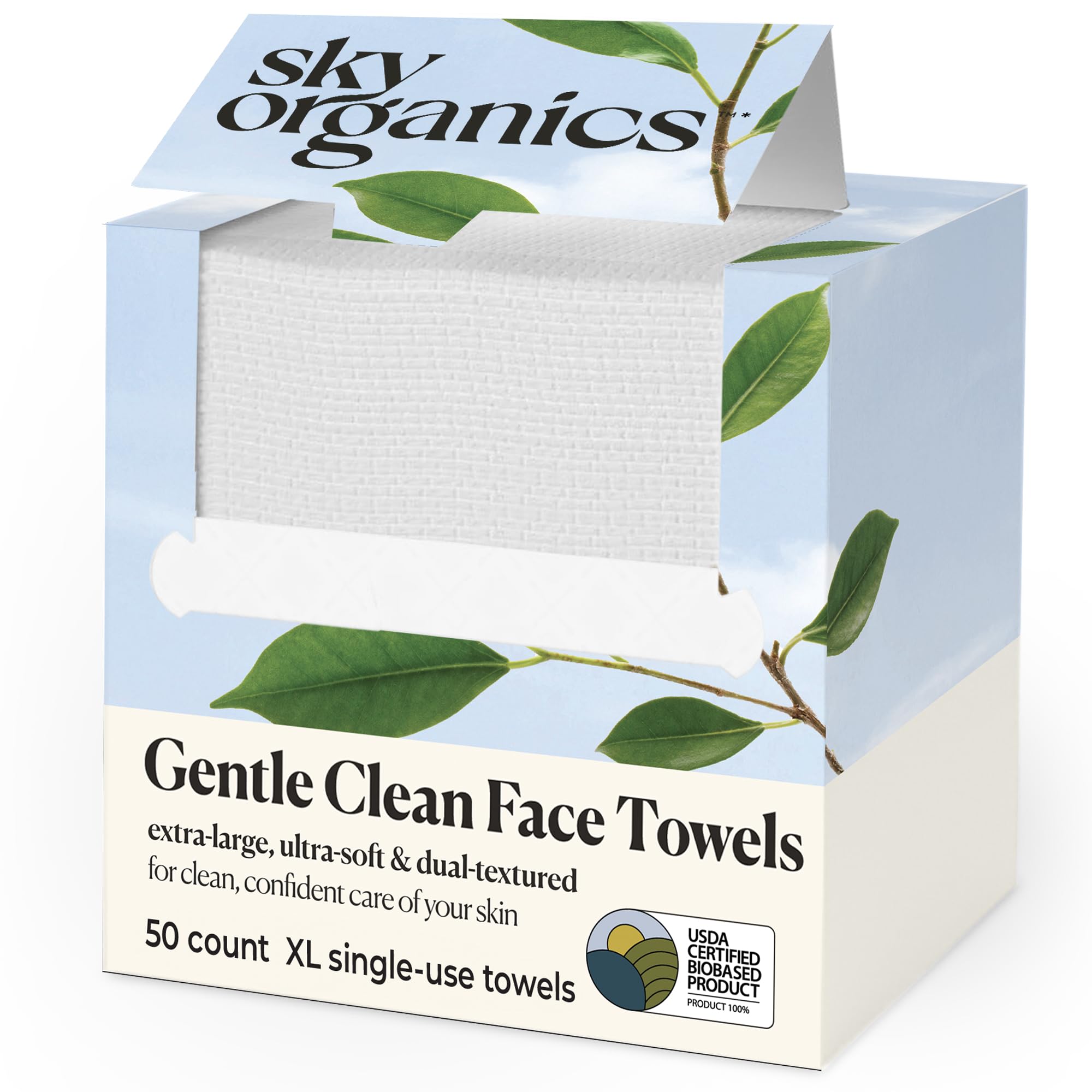 Sky Organics front packaging showing 50 count XL towels and benefits
