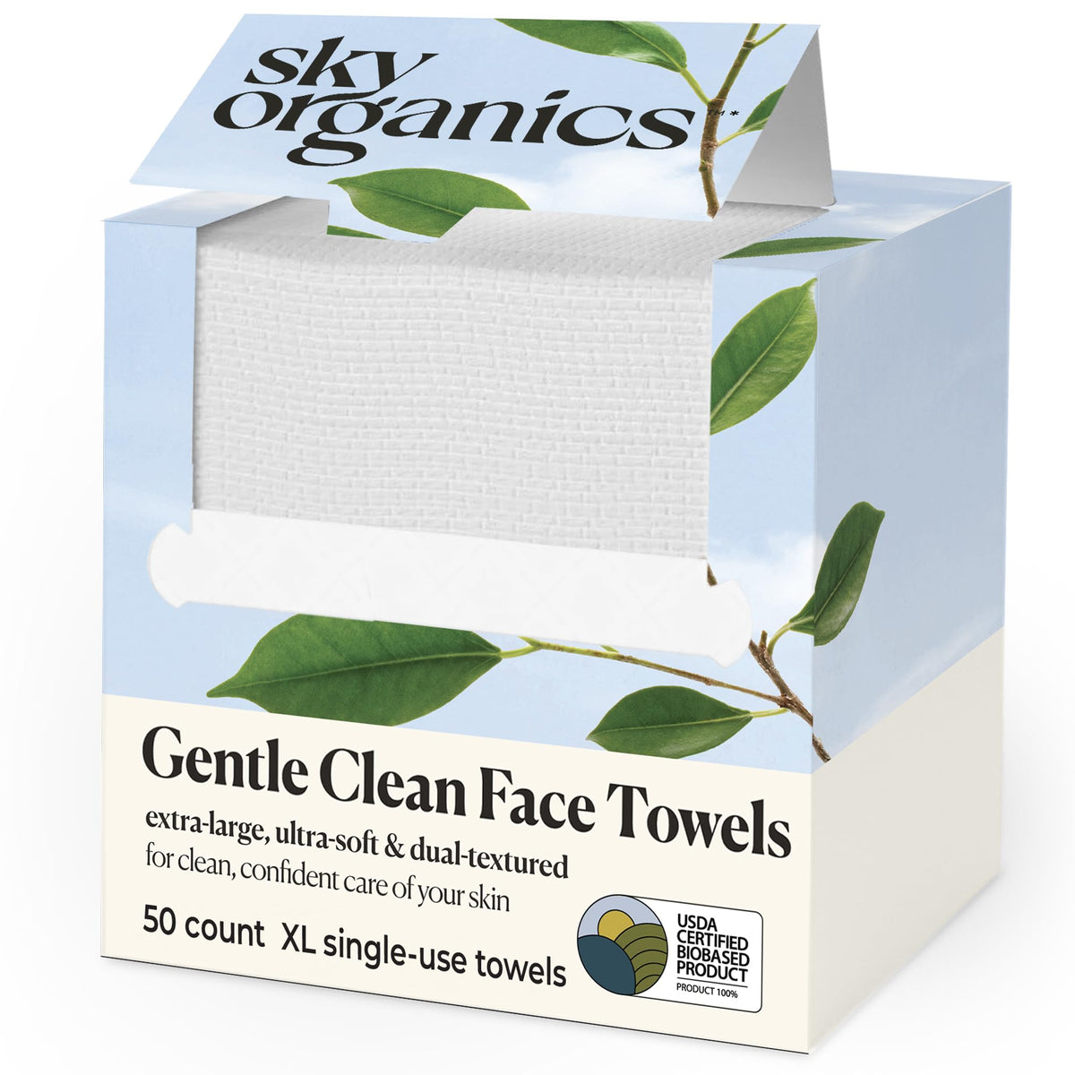 Sky Organics front packaging showing 50 count XL towels and benefits
