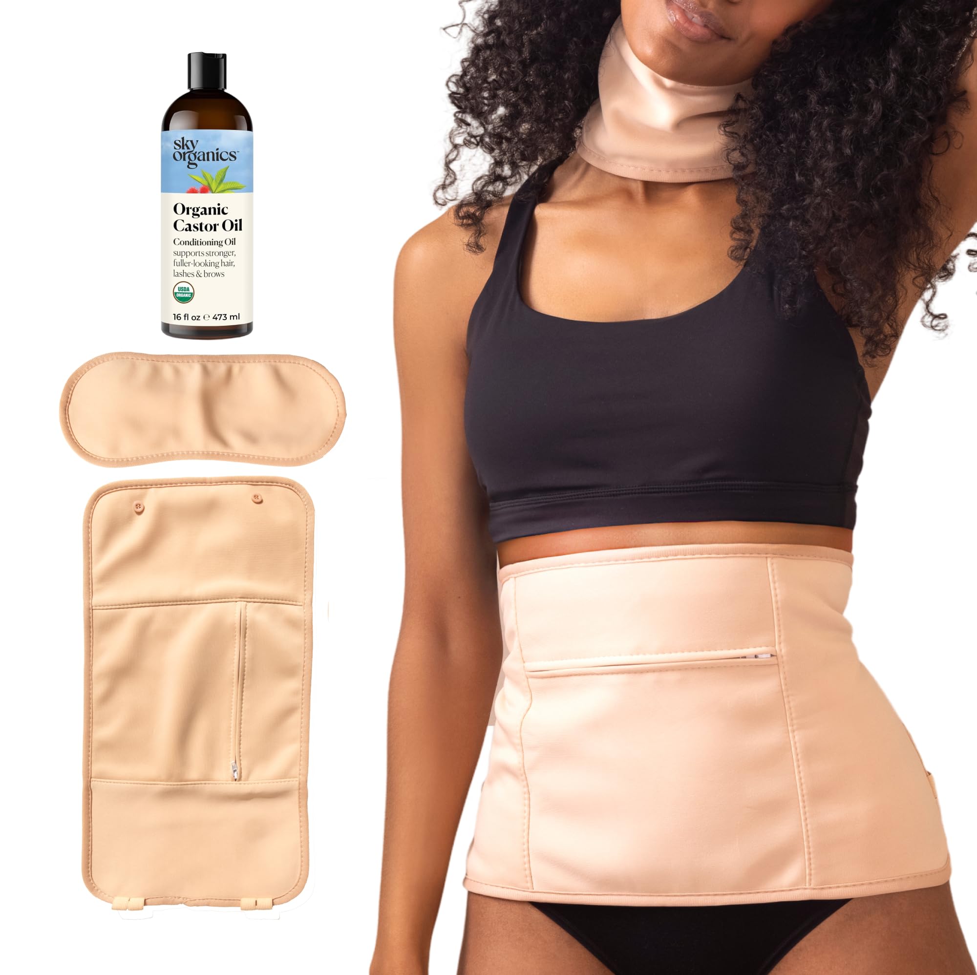 Sky Organics front packaging showing full castor oil wrap set and contents, promotes convenient use