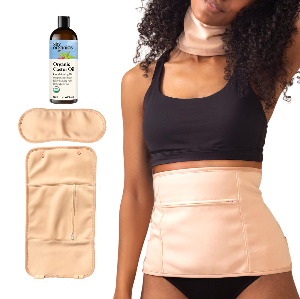 Sky Organics front packaging showing full castor oil wrap set and contents, promotes convenient use