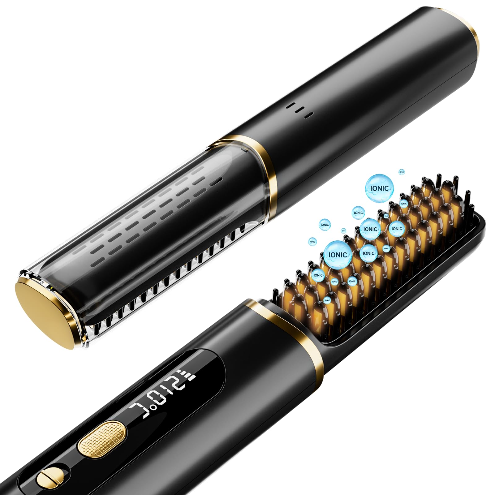 Sleyra front view of cordless straightener brush showing compact design and portability