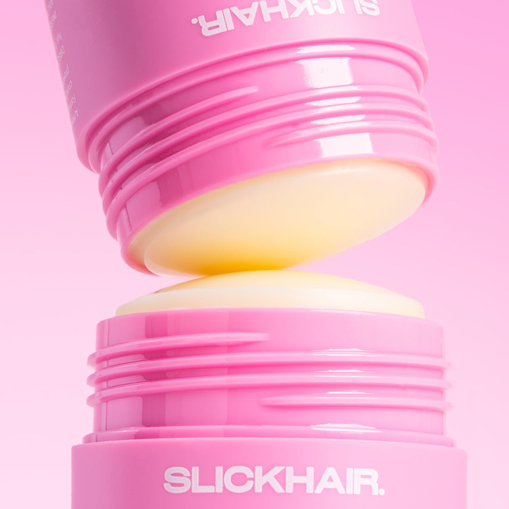 SLICK STICK applied to ponytail controlling flyaways and improving polish