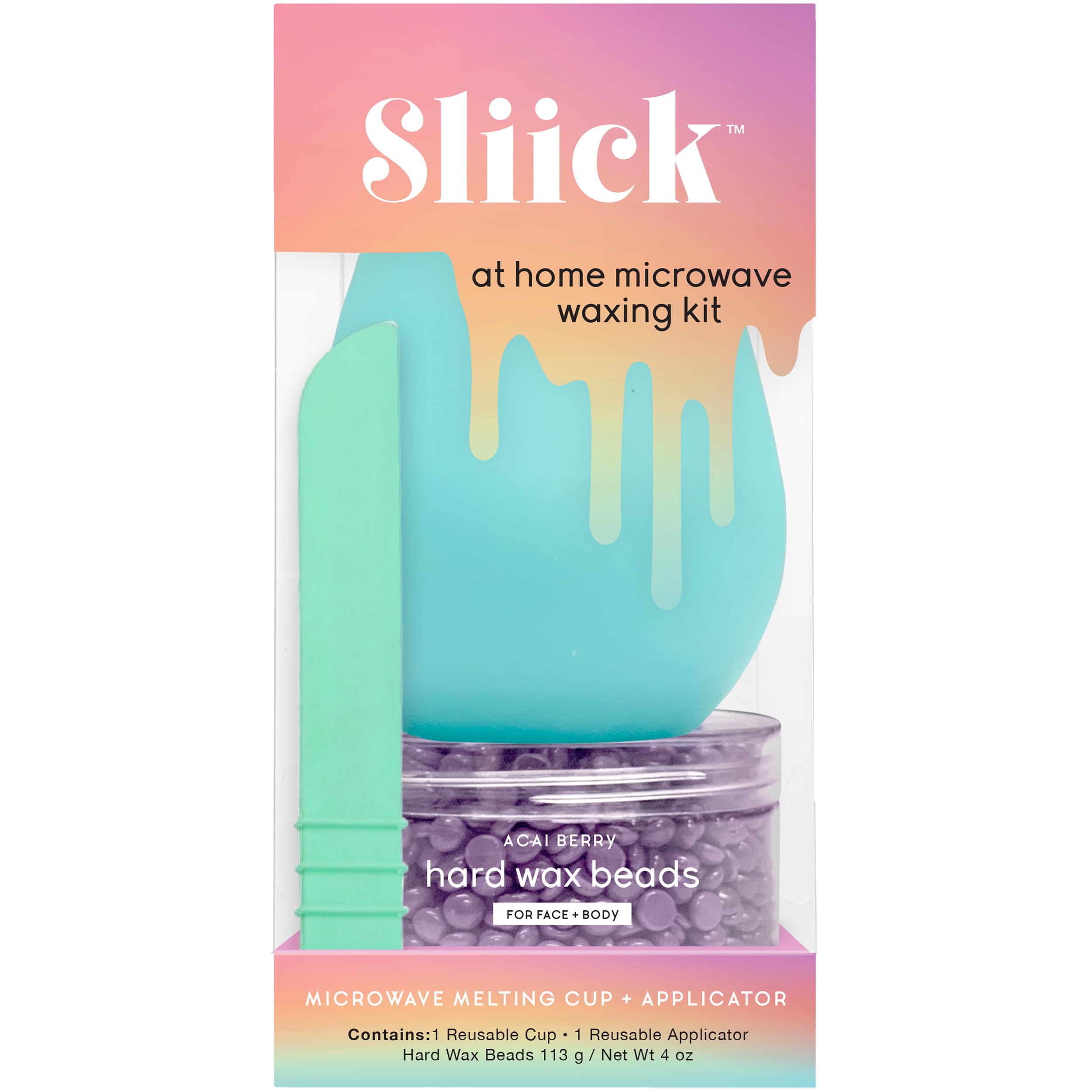 Sliick front packaging showing kit contents and acai scent benefits