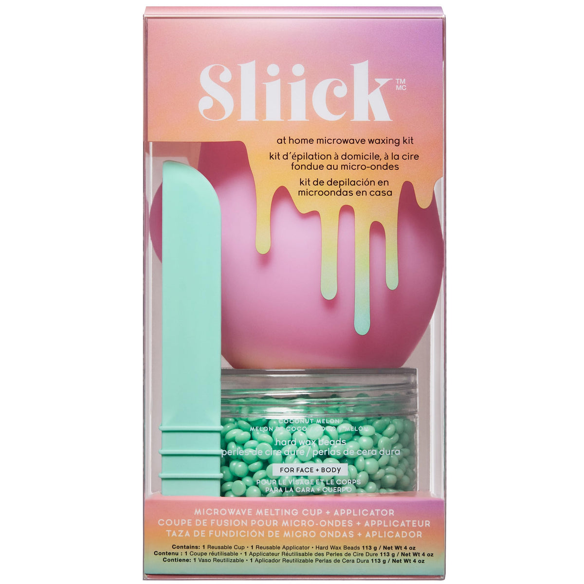 Sliick front packaging showing coconut melon scent and kit contents benefits clarity