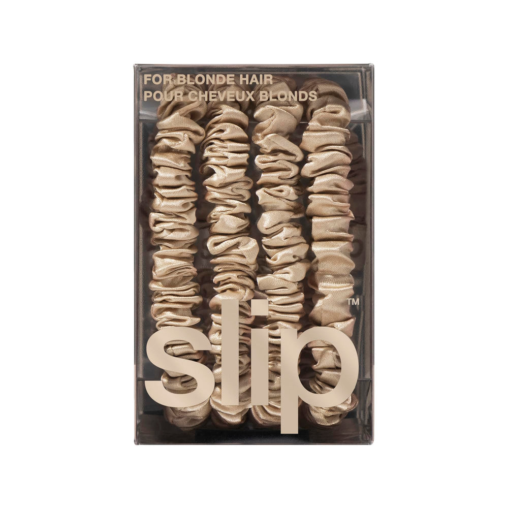 Product label and tag on SLIP scrunchie, material and care information visible