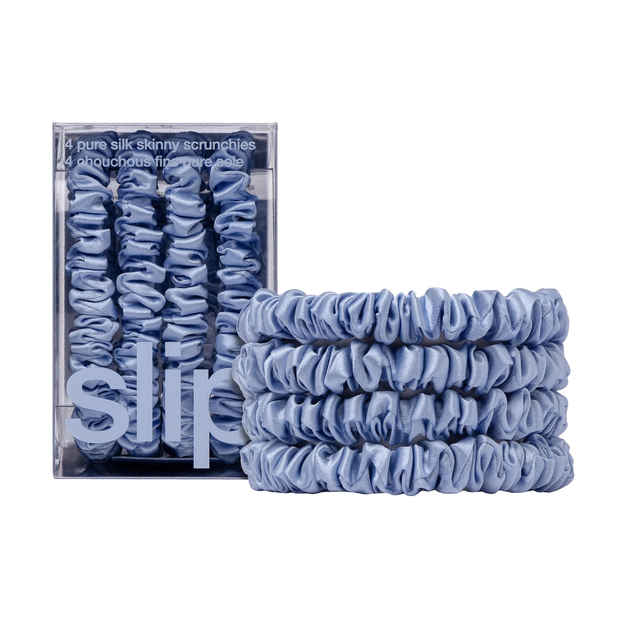 SLIP front view of cornflower skinny scrunchies shows elegant packaging and color pop