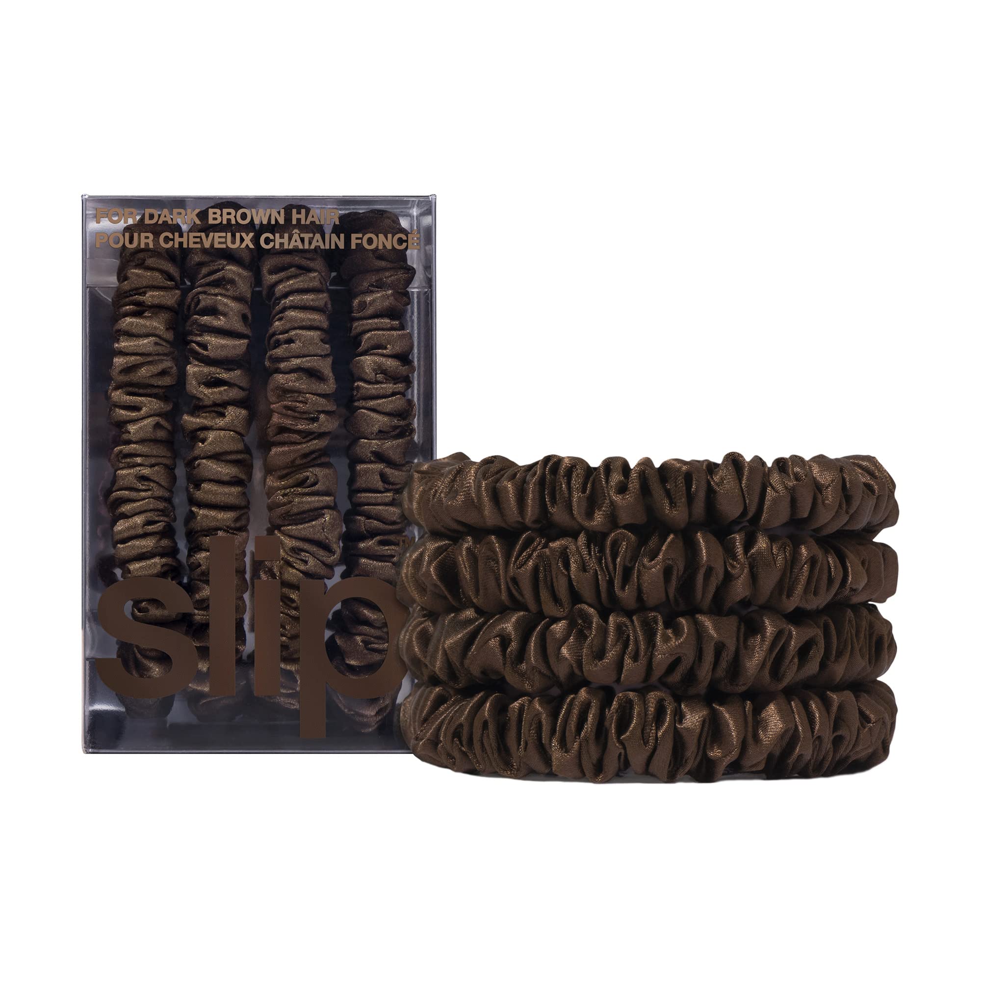 SLIP front packaging showing four dark brown skinny silk scrunchies and benefits